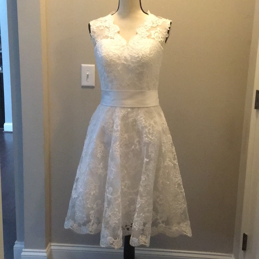 Short style lace covered wedding dress